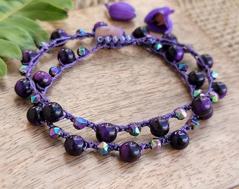 Boho Double Wrap Bead Crochet Bracelet, Deep Purple Dyed Tigers Eye with Rainbow Hematite, Unique Jewelry Gift for Women Made in Hawaii