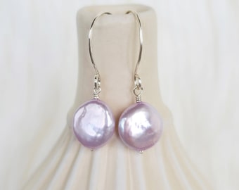 Light Lavender Purple Coin Pearl and Sterling Silver Dangle Earrings ~ Made in Hawaii ~ Handmade Summer Jewelry Gift for Mom or Girlfriend