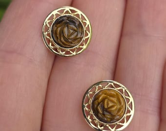 Dainty Vintage Sarah Coventry Tiger's Eye Gemstone Rose Clip on Earrings