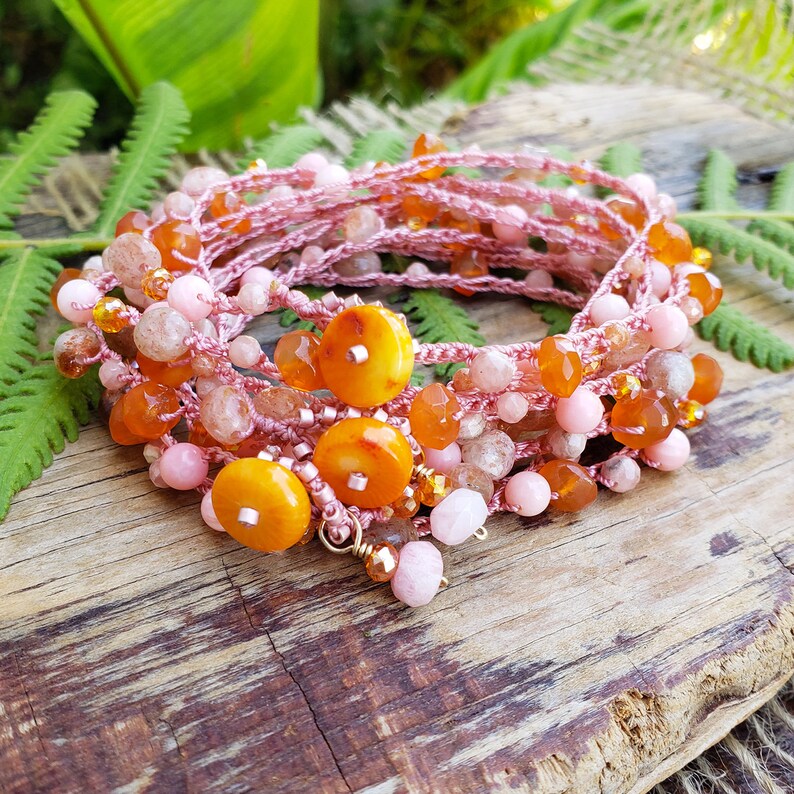 Hawaii Sunrise Gem Mix Beaded Boho Crochet Bracelet Wrap, Pink and Orange Stacking Bracelet, Unique Jewelry Gift for Women made in Hawaii image 4