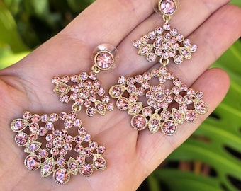Vintage Monet Pink Rhinestone Chandelier Earrings - Gold Tone Sparkling Evening Statement Drop Earrings - Glamorous Baroque Rococo Style