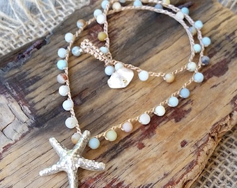 Beach Boho Starfish Jewelry, Silver Starfish Pendant Necklace Crocheted, Beachy Mermaid Summer Style, Ocean Lover Gift, Nature Sea Life Gift