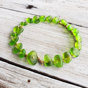 Green Cultured Sea Glass Crochet Anklet, Mermaid Seaglass Ankle Bracelet, Beach Boho Summer Jewelry, Gift from Hawaii for Women, Metal Free
