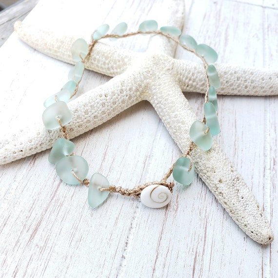 Non Metal Jewelry Only Zinc Made in Maui Hawaii Aqua Cultured Sea Glass Anklet Hippie Ocean Lovers Gift Crochet Mermaid Beach Bride