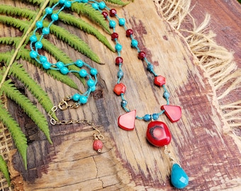 Unique Statement Necklace, Red Coral and Turquoise Hand Knotted Jewelry, Statement Necklace, Gift for Girlfriend, Made in Hawaii, Present