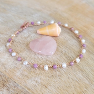 Beach Boho Lavender Gemstone and White Pearl Summer Crochet Ankle Bracelet ~ Handmade Beachy Hippie Jewelry ~ Made in Hawaii ~ Gift for Her