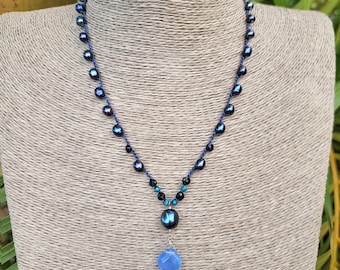 Navy Blue Boho Handmade Pearl Necklace with Simulated Quartz, Ocean Lovers Unique Jewelry Gift for Her Made in Hawaii