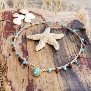 Turquoise and Brown Beaded Crochet Ankle Bracelet, Beach Boho Summer Anklet, Crochet Woven Hippie Jewelry, Summer Gift for Her, Mom Present
