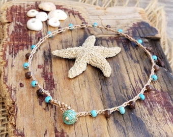 Turquoise and Brown Beaded Crochet Ankle Bracelet, Beach Boho Summer Anklet, Crochet Woven Hippie Jewelry, Summer Gift for Her, Mom Present