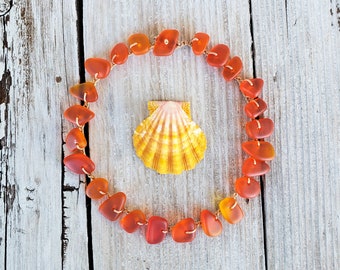 Sunset Orange Cultured Sea Glass Crocheted Anklet, Hippie Beachy Boho Summer Anklet, Mermaid Beach Jewelry, Handmade Gift for Best Friend