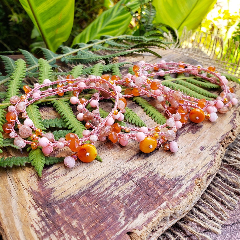 Hawaii Sunrise Gem Mix Beaded Boho Crochet Bracelet Wrap, Pink and Orange Stacking Bracelet, Unique Jewelry Gift for Women made in Hawaii image 3