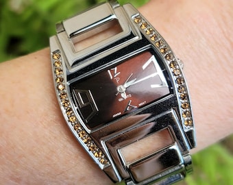 Vintage Rare Pulsar Silver and Amber Rhinestone Cuff Watch - Bold Retro Ladies Timepiece - Y2K Oldmoney Statement Quirky - Working
