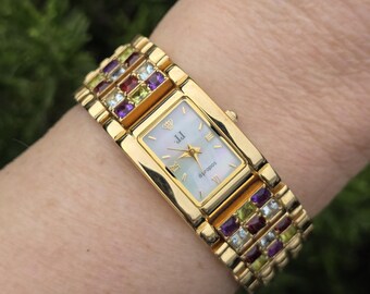 Vintage Jules Jurgensen À Propose Gold Tone Bracelet Watch, Colorful CZ Crystals Link Rectangular Tank Face Mother of Pearl Dial - WORKING