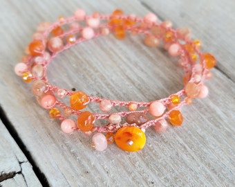 Hawaii Sunrise Gem Mix Beaded Boho Crochet Bracelet Wrap, Pink and Orange Stacking Bracelet, Unique Jewelry Gift for Women made in Hawaii