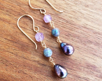 Purple Peacock Edison Pearl and Amethyst Earrings ~ Long Dangle Natural Gemstone Drop Earrings ~ Handmade Boho Jewelry ~  Made in Hawaii