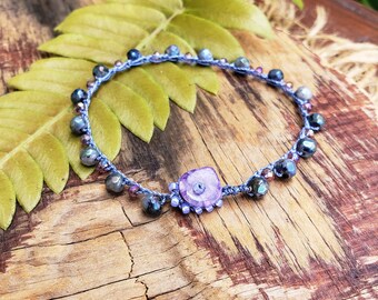 Boho Beaded Crochet Stackable Dainty Bracelet, Larvikite and Purple Crystal, Hippie Bohemian Jewelry, Unique Handmade Gift, Made in Hawaii