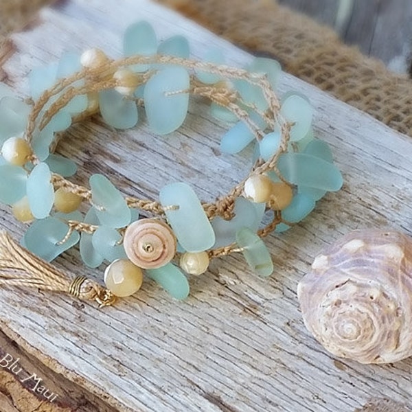 Aqua Cultured Beach Glass Sea Glass Bracelet Wrap, Crocheted Bracelet, Stacking Bracelet, Bridesmaid Gift, Beach Wedding, Layering Boho