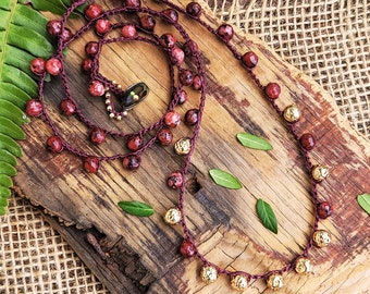 Long Boho Handmade Beaded Crochet Necklace with Gold Coated Lava and Maroon Jade , Earthy Fall Hippie Style Jewelry, Unique Gift for Her