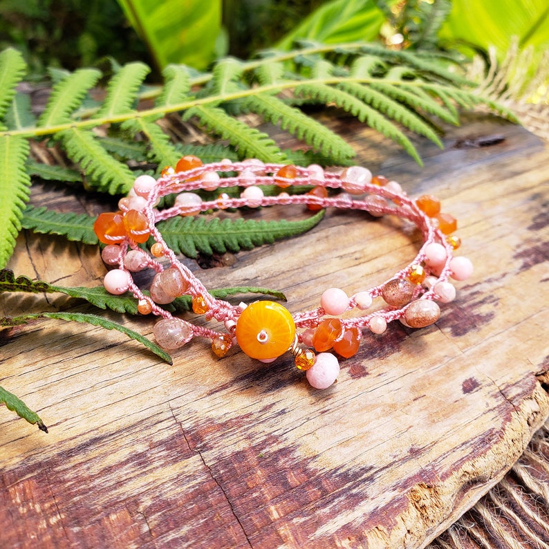 Hawaii Sunrise Gem Mix Beaded Boho Crochet Bracelet Wrap, Pink and Orange Stacking Bracelet, Unique Jewelry Gift for Women made in Hawaii image 5