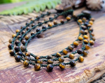 Tigers Eye Crochet Hippie Ankle Bracelet, Handmade Boho Beaded Crochet Anklet, Jewelry made in Hawaii, Fall Gift for Women, No Metals
