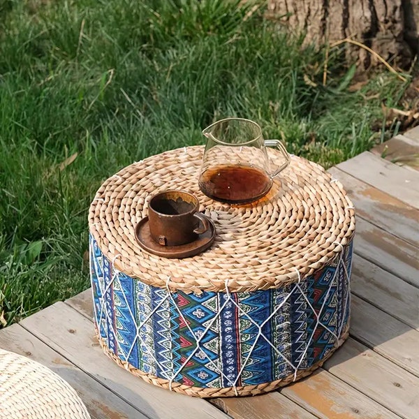 Pouf Bohémien Fait Main en Forme Ronde, Rembourrage en Mousse Haute Élasticité, Polyvalent pour Chambre, Salon et Balcon