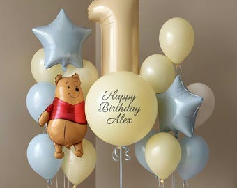 Ramo de globos de cumpleaños personalizado / Set de globos con nombre personalizado / Decoración con globos de Winnie the Pooh / Fiesta de cumpleaños para niño / Globos para fiestas