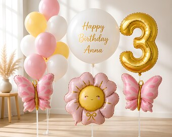 Juego de globos de mariposa, globos de cumpleaños personalizados, globo de mariposa rosa, decoración para fiestas de cumpleaños, decoración personalizada, globo de flor