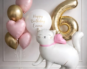 Ramo de globos personalizado, kit de globos de cumpleaños de gato para armar, juego de globos con números, decoración de cumpleaños para niña, globo rosa dorado