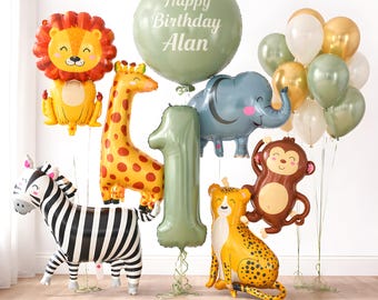 Personalized Jungle Foil Balloons with Elephant, Giraffe, Lion, Zebra & Cheetah | Safari Animal Balloon Set - Wild One Birthday Party Decor