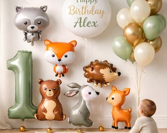 Juego de globos de animales del bosque, decoración de bosque para baby shower y fiestas de cumpleaños con temática de naturaleza, globos personalizados, globos de cumpleaños.