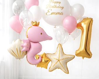 Juego de globos de cumpleaños personalizados de lujo, globos rosa dorado con temática marina, decoración de cumpleaños con nombre personalizado, exhibición de globos premium, decoración para fiestas