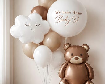 Ramo de globos de bienvenida al bebé / Globos de osito de peluche y nube / Decoración neutra para baby shower / Regalo para recién nacido / Globo grande personalizado