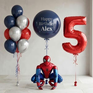 May include: A balloon arrangement featuring a cluster of navy blue, silver, and red latex balloons, a large navy blue balloon printed with the text Happy Birthday Alex, a red foil balloon shaped like the number 5, and a Spider-Man foil balloon.