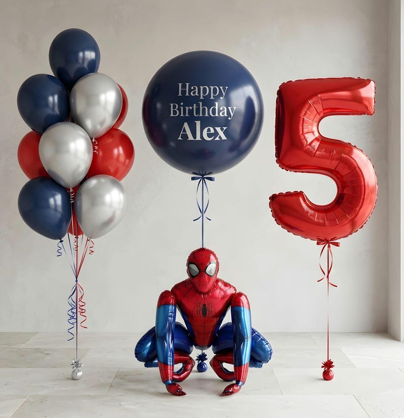May include: A balloon arrangement featuring a cluster of navy blue, silver, and red latex balloons, a large navy blue balloon printed with the text Happy Birthday Alex, a red foil balloon shaped like the number 5, and a Spider-Man foil balloon.