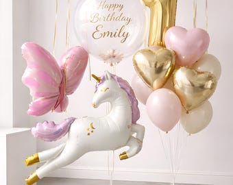 Birthday Balloon Set, Unicorn Balloon Bouquet, Pink Gold Birthday Decor, Personalized Name Balloon, Unicorn Cat Balloon
