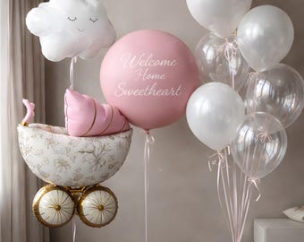 Baby Girl Welcome Home Balloon Set | Newborn Baby Shower Balloons | Pink Stroller Balloon Decoration | Newborn Balloon Set |Stroller Balloon