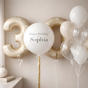 Personalized First Number Balloon Set | Custom Age Balloon Decor | Neutral Gold Birthday Balloons | Clear Name Bubble Balloon | Party Decor