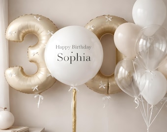 Personalized First Number Balloon Set | Custom Age Balloon Decor | Neutral Gold Birthday Balloons | Clear Name Bubble Balloon | Party Decor