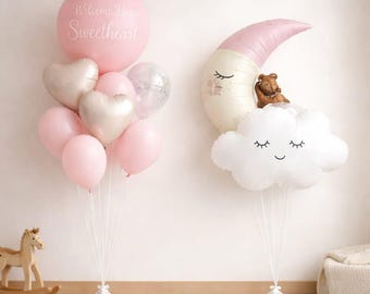Conjunto de globos "Bienvenido a casa, cariño", decoración con globos para bebé niña, globos rosas para baby shower, conjunto de globos de luna y nube, decoraciones para recién nacida.