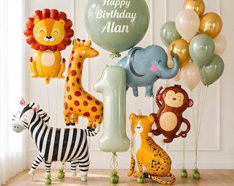 Personalized Jungle Foil Balloons with Elephant, Giraffe, Lion, Zebra & Cheetah | Safari Animal Balloon Set - Wild One Birthday Party Decor