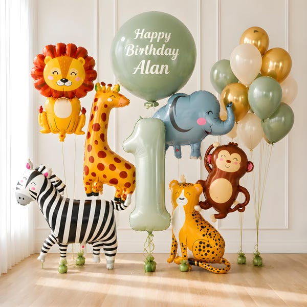Personalized Jungle Foil Balloons with Elephant, Giraffe, Lion, Zebra & Cheetah | Safari Animal Balloon Set - Wild One Birthday Party Decor