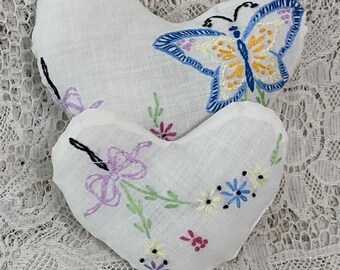 Embroidered Heart Pillow Tucks, Blue Butterfly Decor, Cottage Chic