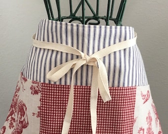 Red Toile & Ticking Waist Apron, 3-Pocket Organizer