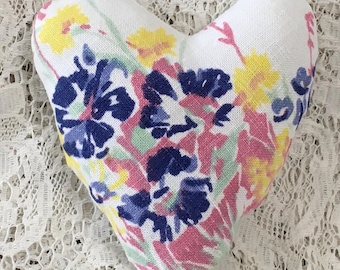 Upcycled Vintage Linen Heart Pillow, Floral Cottage Decor