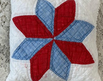 Upcycled cutter quilt  star pillow, vintage popcorn chenille pillow, patchwork pillow, cottage chic, red white blue patriotic