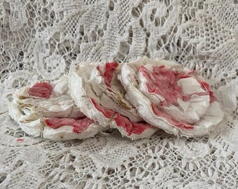 3 shabby, scrappy flowers, cottage chic, gift top, lot flower supplies  upcycled quilt flower scrap applique, red white, handmade #2