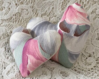 2 heart pillow tucks, Upcycled vintage fabric, cottage chic, pink shabby decor, farm house, basket/bowl filler, gift decoration