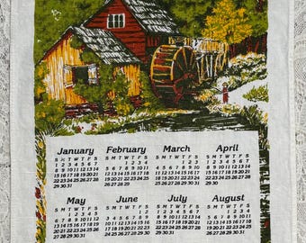 Calendario de lino vintage de 1984, aserradero, molino de agua, rojo, dorado, verde