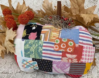 Handmade Patchwork Fabric Pumpkin, Vintage Quilt Top Decor