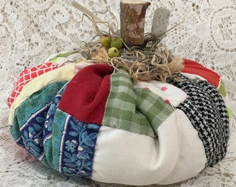 Vintage Quilt Pumpkin, Handmade Farmhouse Thanksgiving Decor